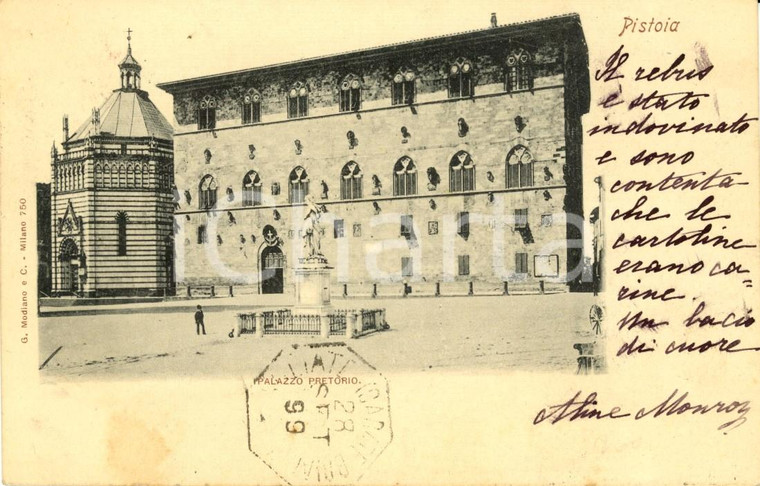 1899 PISTOIA Veduta Palazzo del PRETORIO con monumento *Cartolina FP VG