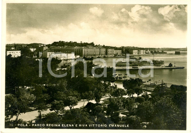 1938 POLA / PULA (CROAZIA) Parco REGINA ELENA e Riva VITTORIO EMANUELE Cartolina