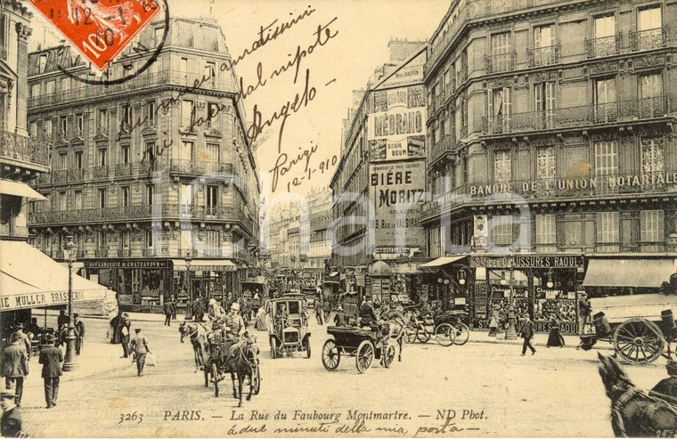 1910 PARIS La Rue du FAUBOURG MONTMARTRE *Cartolina ANIMATA con carrozze FP VG