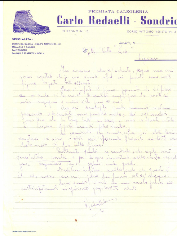 1945 SONDRIO Calzoleria Carlo REDAELLI in ritardo con i pagamenti *Lettera