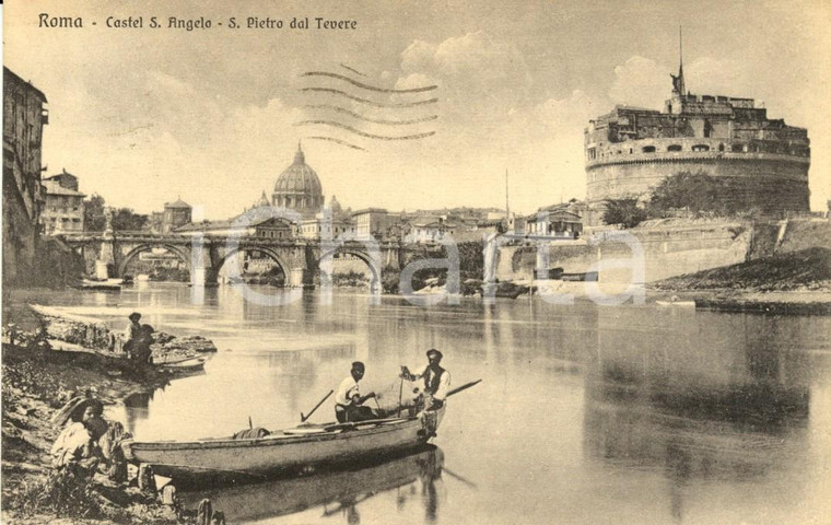 1918 ROMA Castel SANT'ANGELO e SAN PIETRO dal TEVERE Cartolina ANIMATA con barca