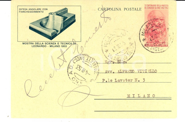 1953 MILANO Cartolina postale Mostra della scienza e tecnica di Leonardo FG VG