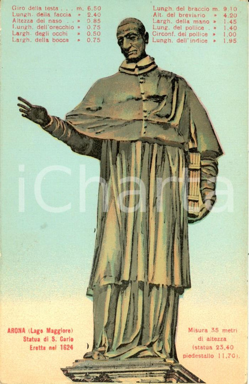1915 ARONA (NO) Lago MAGGIORE Statua di SAN CARLO BORROMEO *Cartolina FP VG