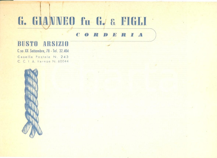 1958 BUSTO ARSIZIO (VA) Corderia GIANNEO & Figli *Cartolina commerciale FG VG