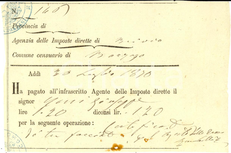 1870 BARZAGO (LC) Censi del proprietario Giuseppe FANI *Documento