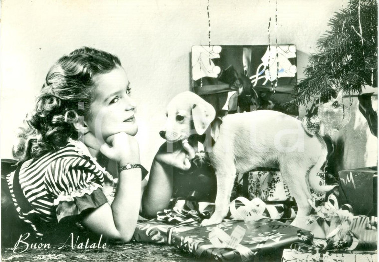 1958 Auguri BUON NATALE bambina con cucciolo di cane *Cartolina ANIMATA FG VG