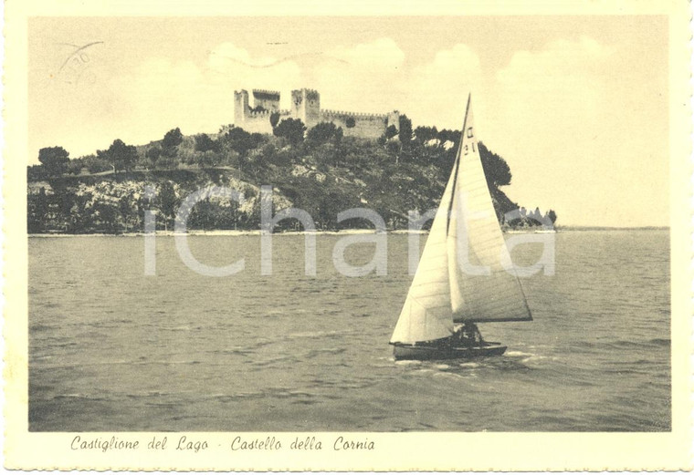 1961 CASTIGLIONE DEL LAGO (PG) Barca vela e Castello di CORNIA *Cartolina FG VG