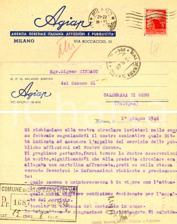 1946 MILANO Proposta appalto AGIAP affissioni *Cartolina INTESTATA FG VG