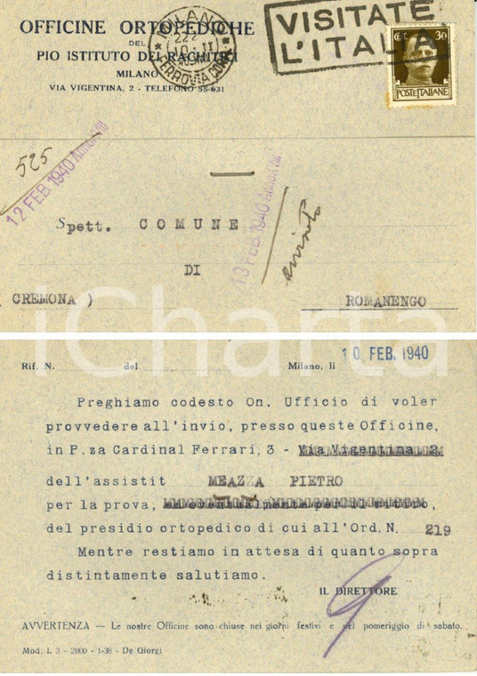 1940 MILANO PIO ISTITUTO RACHITICI Officine ortopediche *Cartolina FP VG