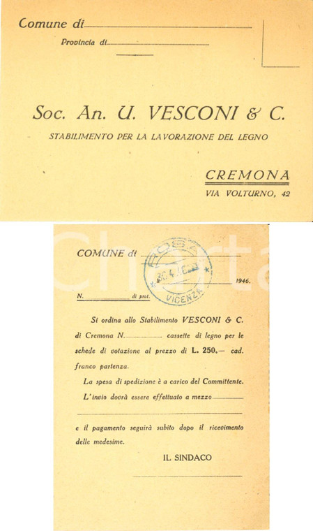 1946 CREMONA Società VESCONI cartolina per richiesta urne in legno per votazioni