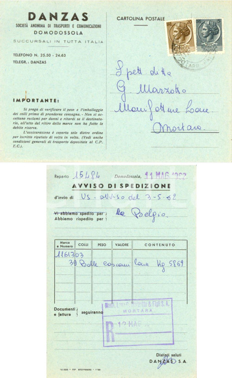 1962 DOMODOSSOLA (VB) Società DANZAS avviso spedizione a Lane MARZOTTO Mortara