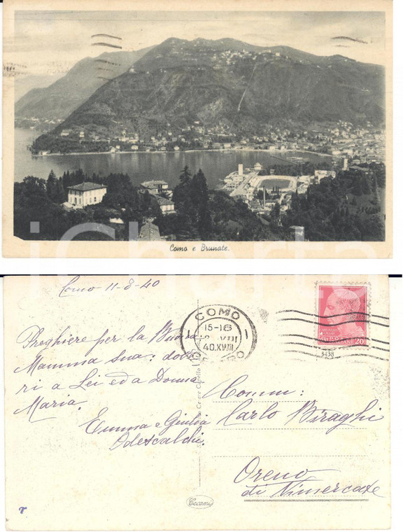 1940 COMO Veduta con Brunate *Autografo Giulia ed Emma ODESCALCHI FP VG