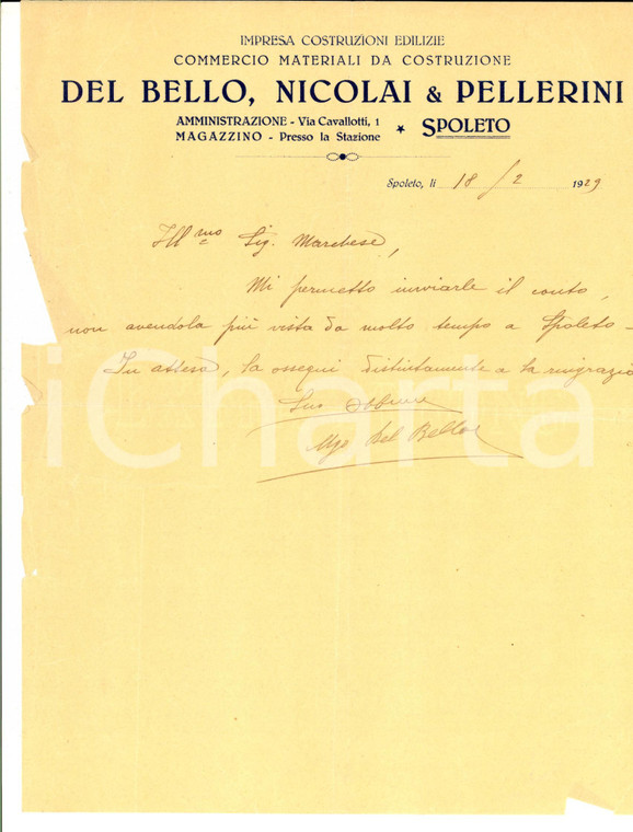 1929 SPOLETO Impresa edile DEL BELLO, NICOLAI& PELLERINI *Lettera intestata