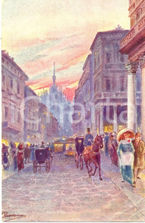 1918 MILANO Corso VITTORIO EMANUELE *Cartolina ILLUSTRATA PIROVANO FP VG