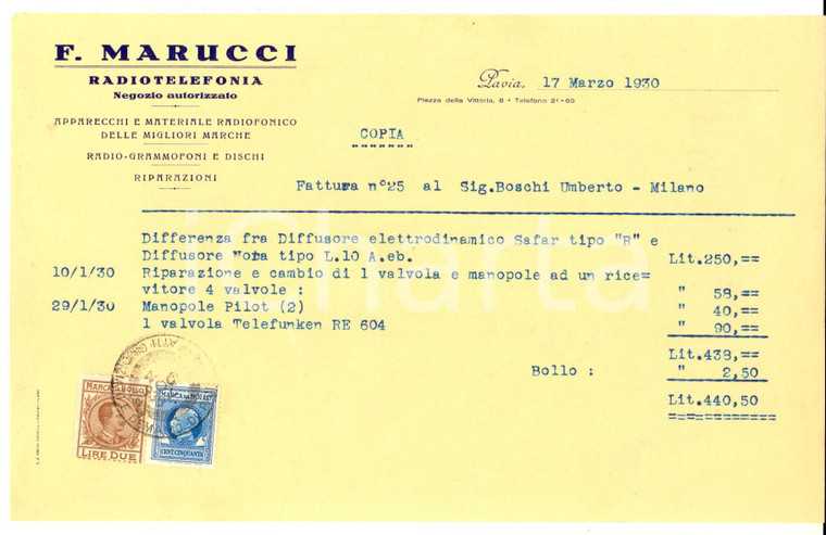 1930 PAVIA Negozio F. MARUCCI Radiotelefonia *Fattura per diffusore