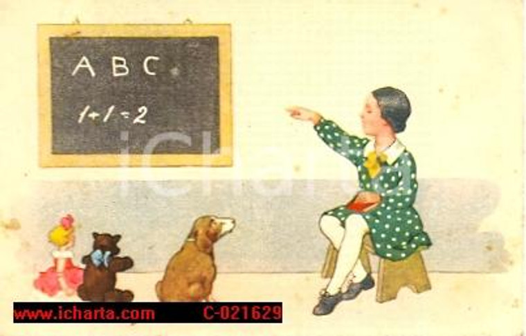 1941 Scolaretta insegna a cane e bambole ILLUSTRATA FP