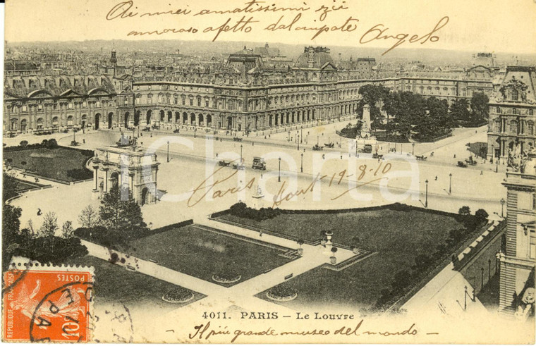 1910 PARIS (FRANCE) Veduta esterna del LOUVRE *Cartolina FP VG DANNEGGIATA