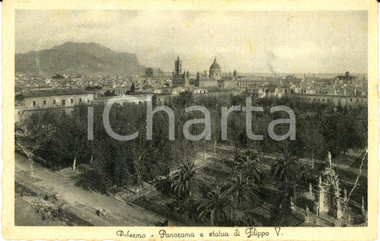 1930 PALERMO Panorama parco Palazzo Reale con statua FILIPPO V *Cartolina FP VG