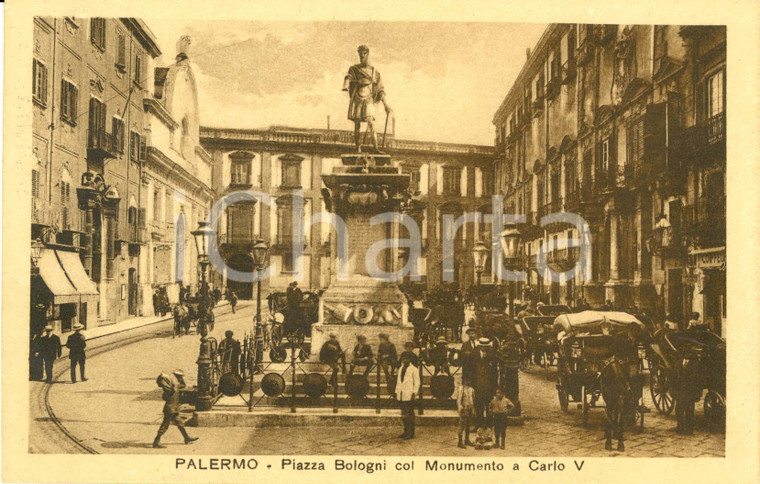 1930 ca PALERMO Piazza BOLOGNI col monumento a CARLO V *Cartolina animata FP NV