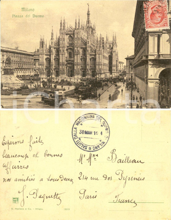 1914 MILANO Panorama di piazza del DUOMO con tram e passanti *Cartolina FP VG