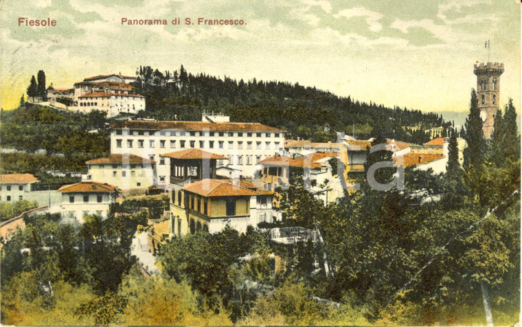 1907 FIESOLE (FI) Veduta panoramica di SAN FRANCESCO *Cartolina DANNEGGIATA