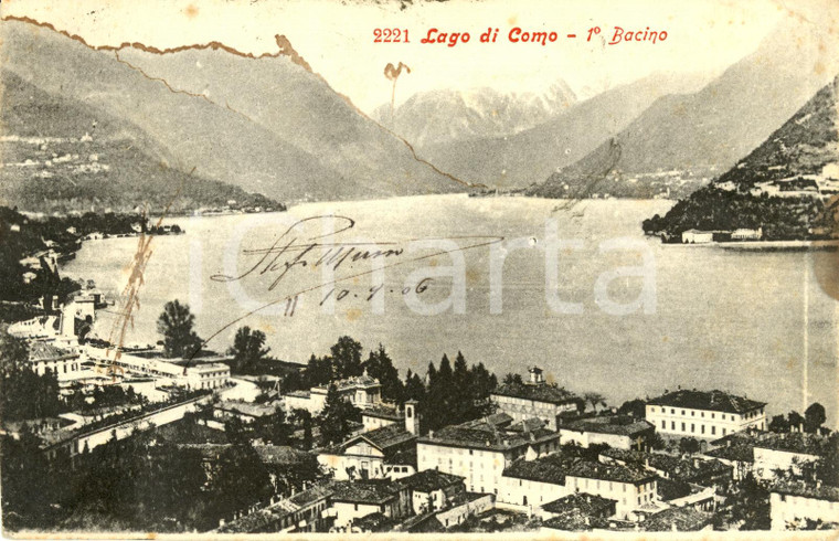 1906 COMO Veduta del Primo Bacino del LAGO di COMO *Cartolina FP VG DANNEGGIATA