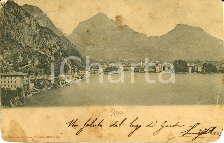 1901 RIVA DEL GARDA (TN) Veduta del paese dal lago *Cartolina FP VG DANNEGGIATA