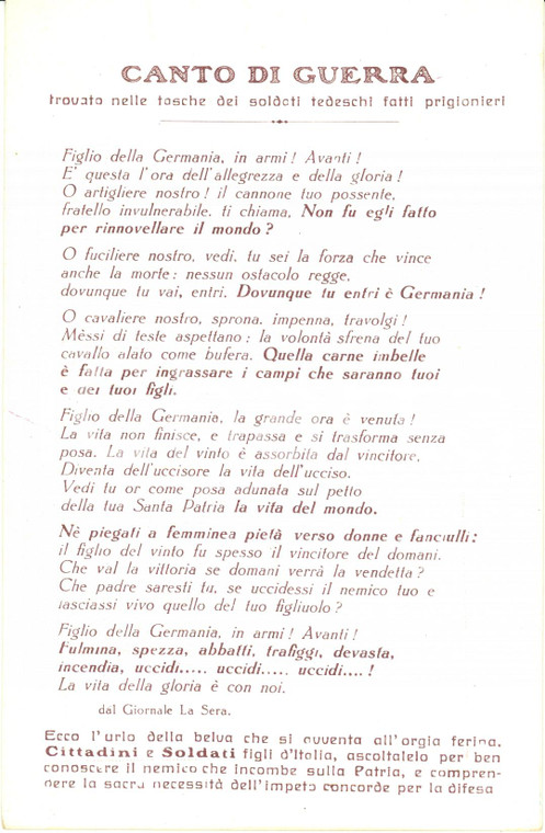 1916 ca WW1 Testo canto di guerra soldati tedeschi prigionieri *Cartolina FP NV