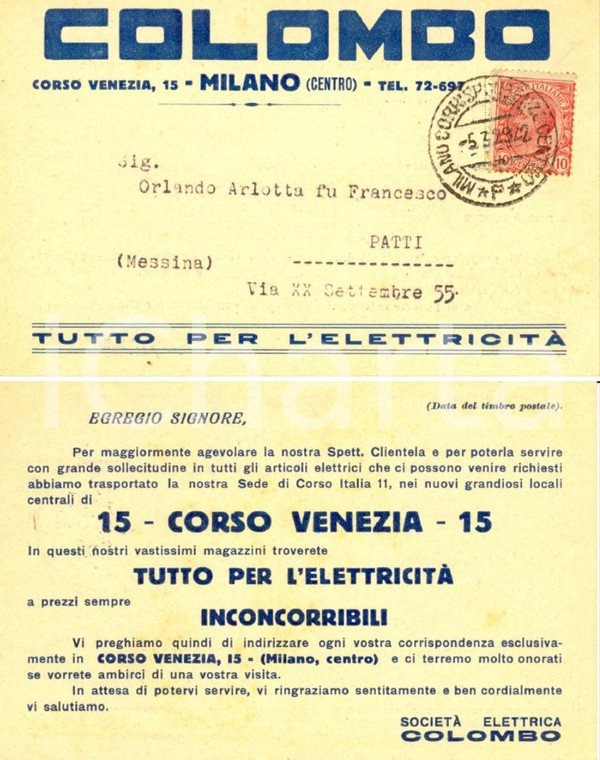 1929 MILANO Società elettrica COLOMBO cambio di sede *Cartolina intestata FP VG