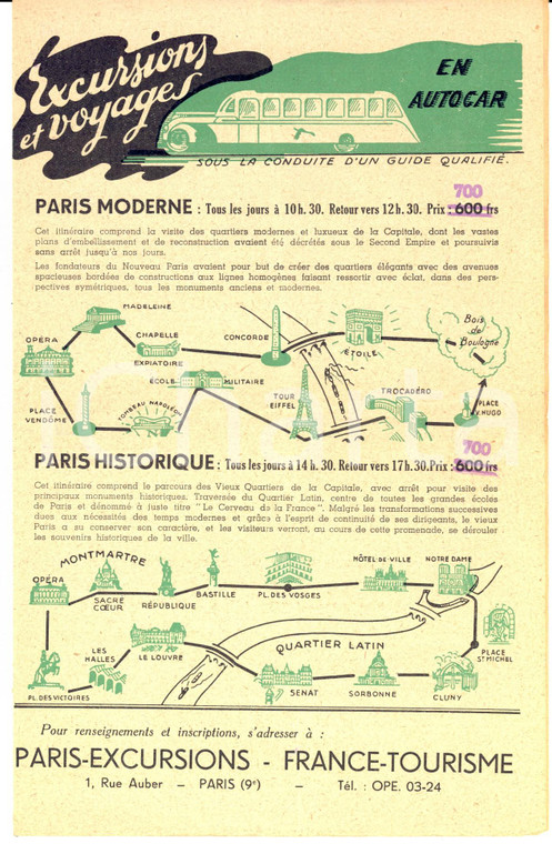 1955 ca PARIS-EXCURSIONS Programma visite - Français *Brochure 4 pp.