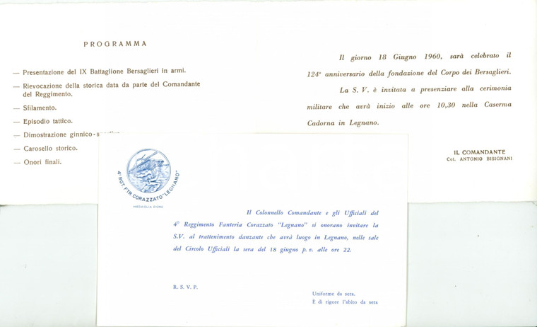 1960 LEGNANO CASERMA CADORNA Cerimonia 124° anniversario BERSAGLIERI *Biglietto