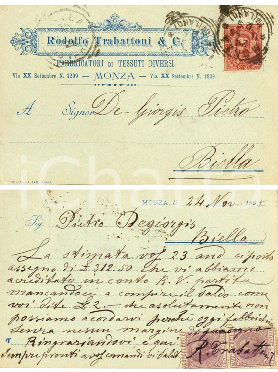 1895 MONZA Rodolfo TRABATTONI Fabbricatori tessuti diversi *Cartolina intestata