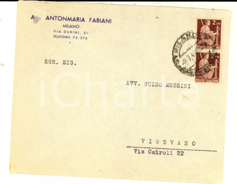 1946 STORIA POSTALE MILANO Busta Antonmaria FABIANI L. 2 DEMOCRATICA coppia