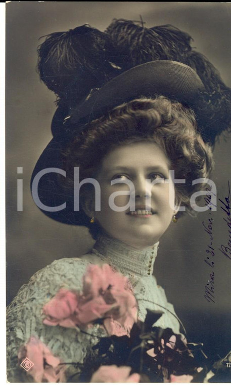 1909 MIRA (VE) MODA Donna con cappello a piume *Cartolina VINTAGE ing. BONELLI