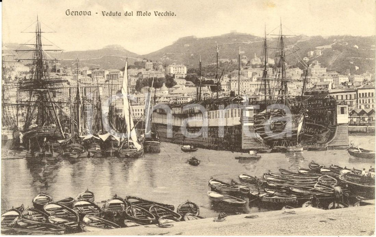 1920 ca GENOVA Veduta del Molo vecchio con barche e bacino di carenaggio *FP NV