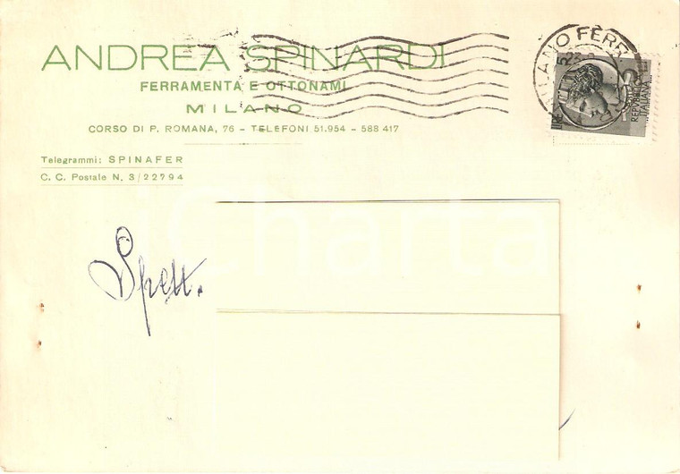 1955 MILANO Andrea SPINARDI Ferramenta e ottonami *Cartolina Commerciale