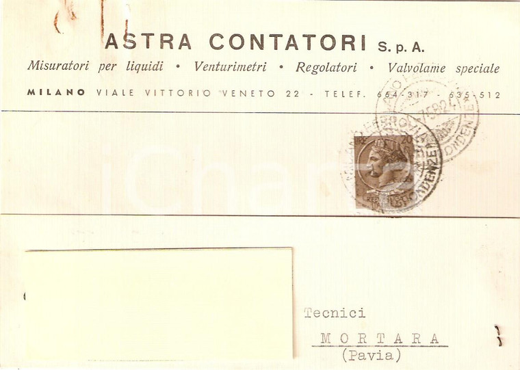 1958 MILANO Ditta ASTRA CONTATORI Misuratori per liquidi *Cartolina Commerciale