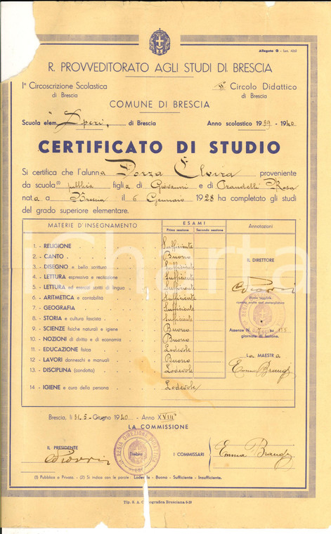 1940 BRESCIA Diploma di licenza elementare per Elvira DORZA *DANNEGGIATO