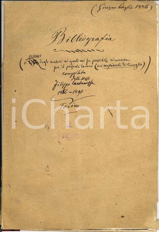 1886 FILIPPO CANTAMESSA Bibliografia manoscritto sul mastodonte di Cinaglio