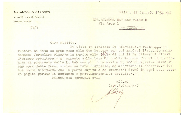 1934 MILANO Avv. Antonio CARONES su sentenza DE SILVESTRI *Lettera