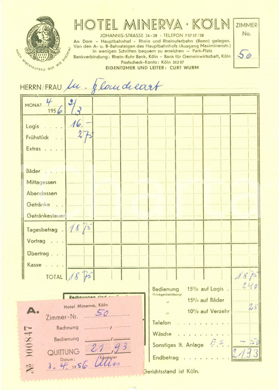 1956 KOLN (DE) Conto ristorante Hotel MINERVA *Fattura