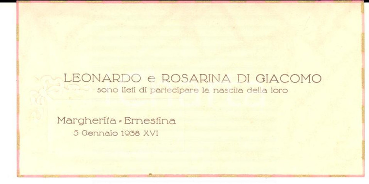 1938 MANTOVA (?) Partecipazione nascita Margherita Ernestina DI GIACOMO 11x6