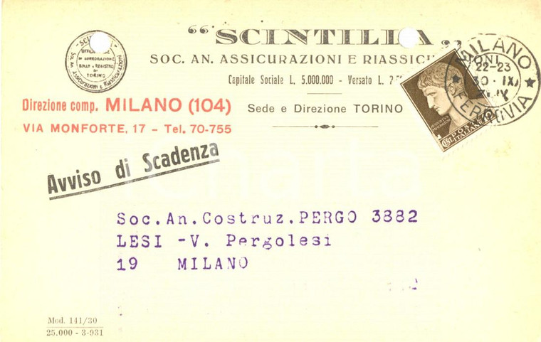 1923 MILANO- SCINTILLA- Società assicurazioni  *Cartolina commerciale FP VG