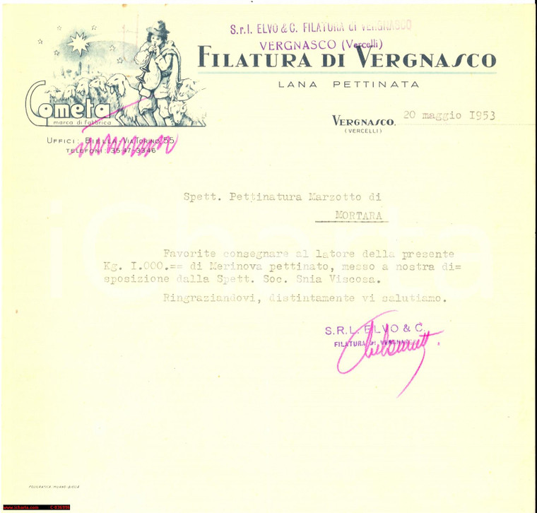 1953 VERGNASCO Filatura marchio Cometa - lettera