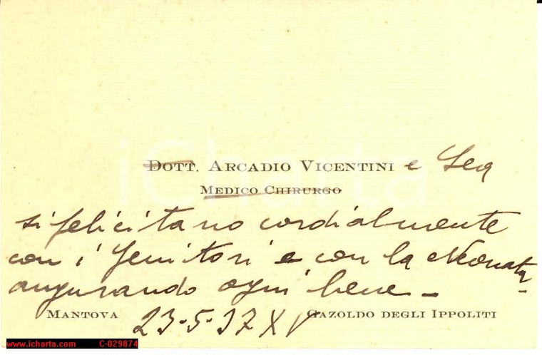 1937 MANTOVA dottor ARCADIO VICENTINI biglietto manosc.