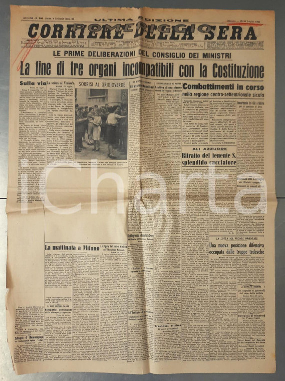 1943 WW2 CORRIERE DELLA SERA Governo Badoglio - Scioglimento Partito Fascista