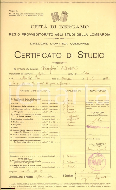 1933 BERGAMO Certificato di studio Giambattista RAFFINI