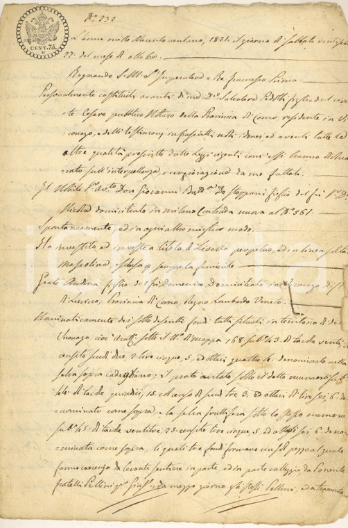 1821 VICONAGO (VA) Investitura livello perpetuo pro Grato ANDINA *Documento