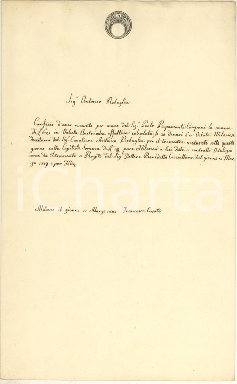 1845 MILANO Ricevuta Francesca CASATI ad Antonio ROBAGLIA per saldo debito