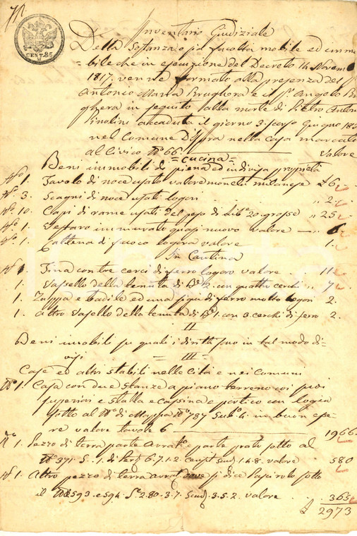 1839 ISPRA (VA) Inventario beni defunto Pietro Antonio PINOLINI Manoscritto